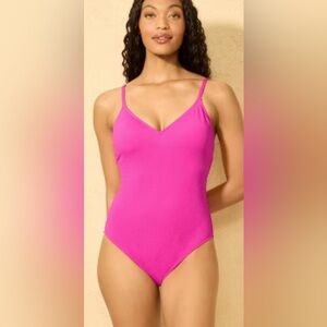 Shade & Shore Swimsuit One Piece Pink Micro Crinkle V Neck Scoop Back M/8-10